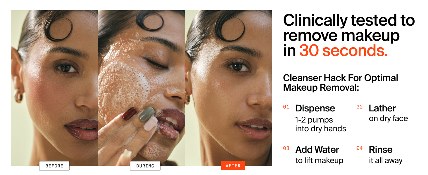 Foaming, gentle cleanser great for removing makeup, dirt, SPF, and oils