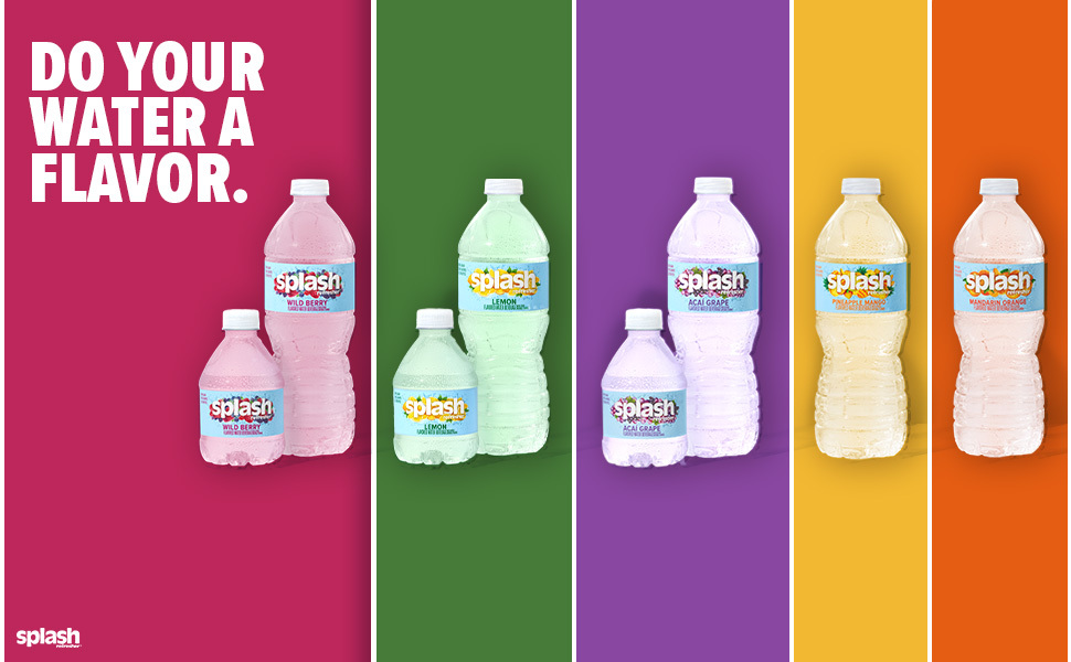 Splash Refresher flavored water bottles come in wild berry, orange, lemon, grape and pineapple mango