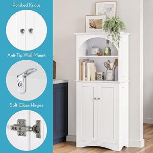 Tall cabinet displayed in room. Included is mirrored knobs, wall mounts, &amp; magnetic close