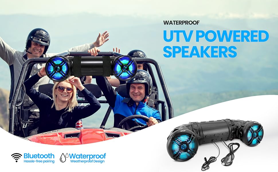Pyle Marine ATV Powered Speakers - 4.0 Wireless Bluetooth, 1000Watt, Color Changing LED Lights,