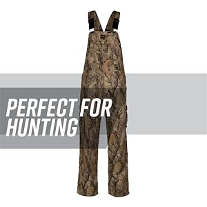 Camo uninsulated bib against white background, gray stripe behind; text reads: perfect for hunting.
