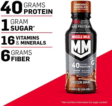 Muscle Milk Pro Advanced Nutrition Protein Shake, Knockout Chocolate, 14 Fl Oz Bottle, 12 Pack, 40g Protein, 1g Sugar, 16 Vitamins & Minerals, 6g Fiber, Workout Recovery, Packaging May Vary