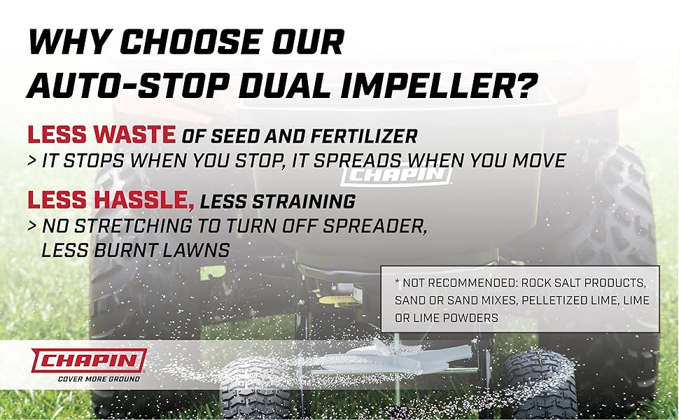 auto stop spreader, tow behind spreader, chapin spreader, seed spreader, fertilizer spreader