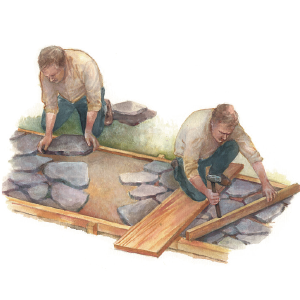 2 men install a flagstone patio