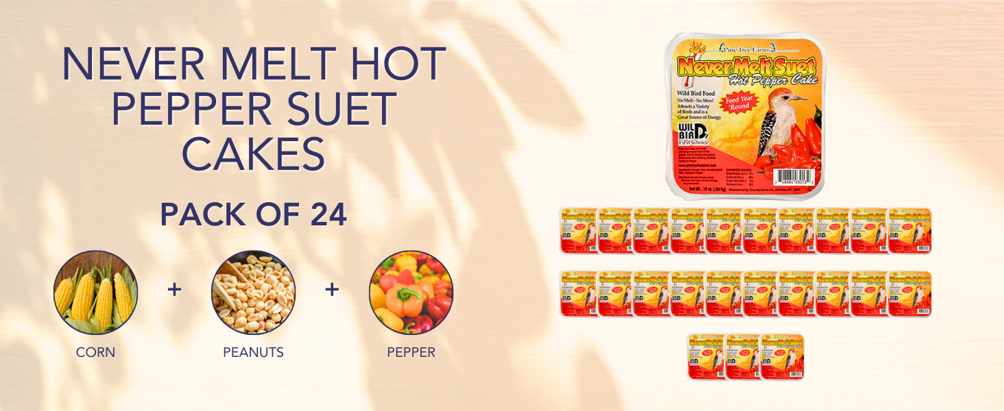 Pine Tree Never Melt Hot Pepper Suet Cakes, 12 oz, 24 Cakes