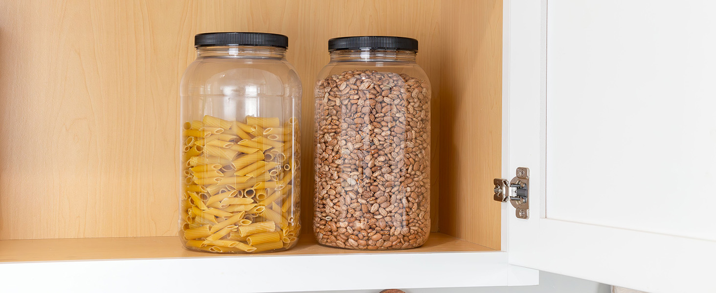 Economy Pack of Two Large 1-Gallon Plastic Jars with Black Ribbed Lids in cabinet