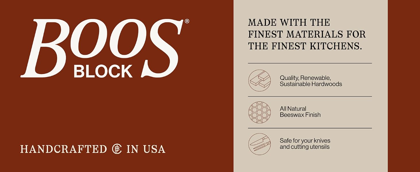Boos Block logo on top of dark sienna BG w/ icons that represent the cutting boards.