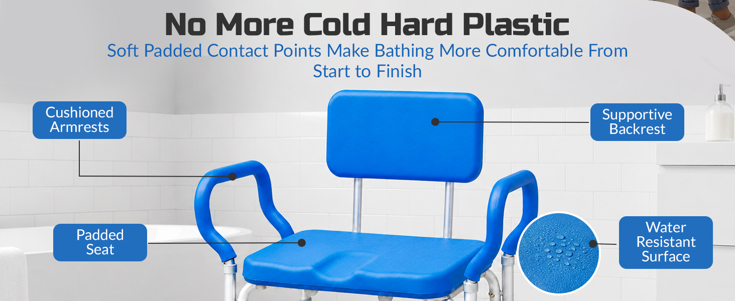Padded Shower Chair and Bath Chair with Armrests and Back, Comfortable Deluxe Shower Chair