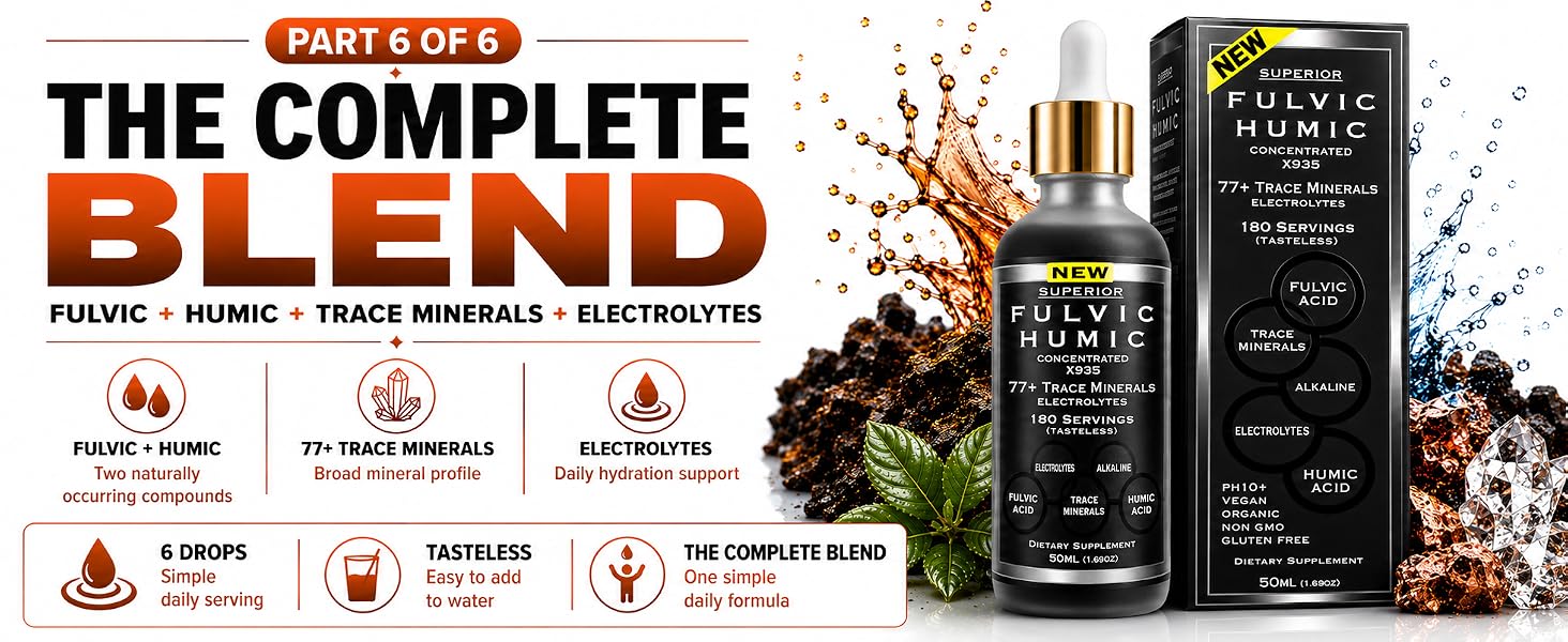 Fulvic humic acid drops with 77+ trace minerals and electrolytes for daily mineral support