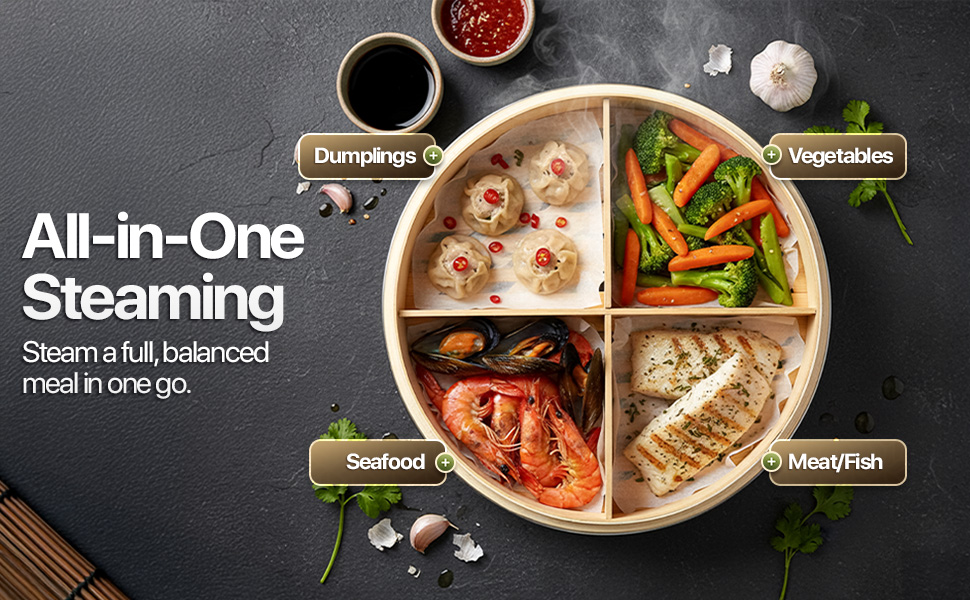 Overhead shot of a round platter with seafood, meat, vegetables, and dumplings