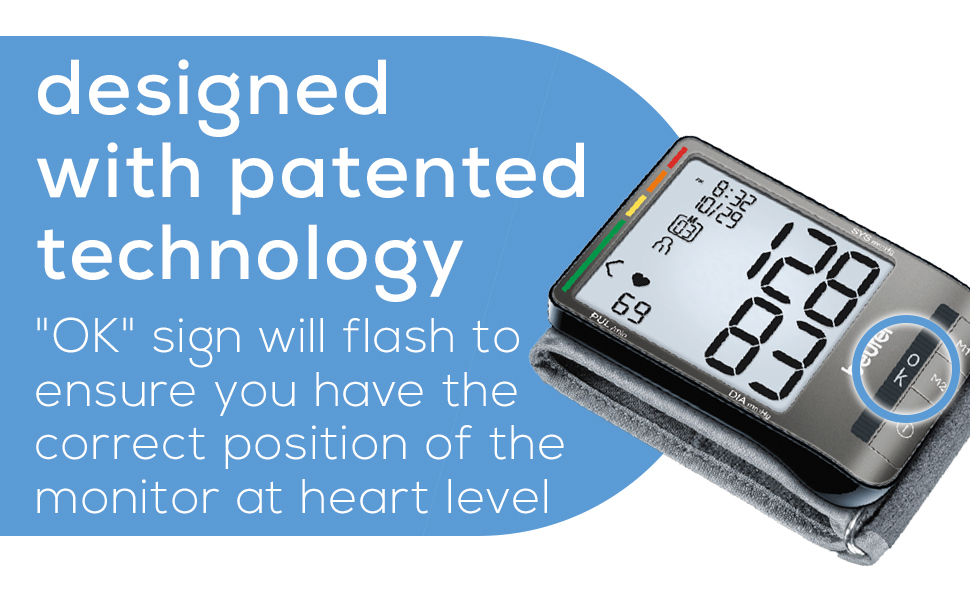 Beurer Wrist Blood Pressure Monitor bc81 designed with patent technology with ok sign