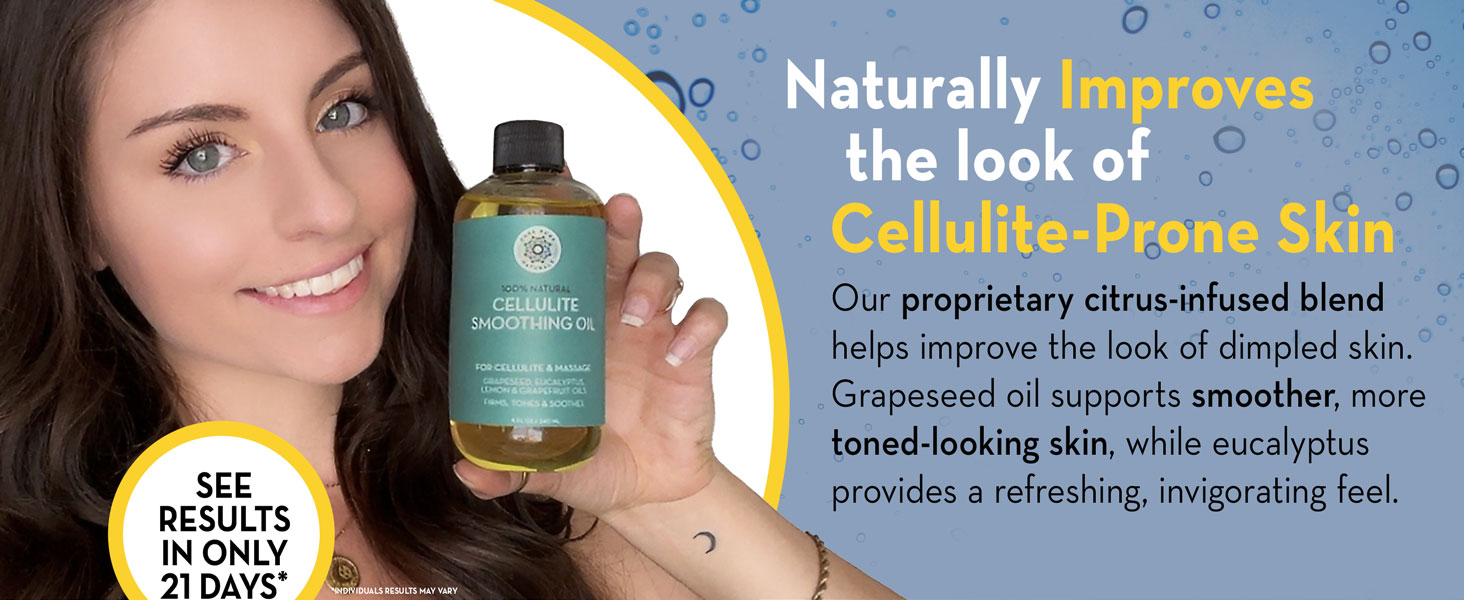 Woman holding a bottle of cellulite smoothing oil promoting its skin-toning benefits.