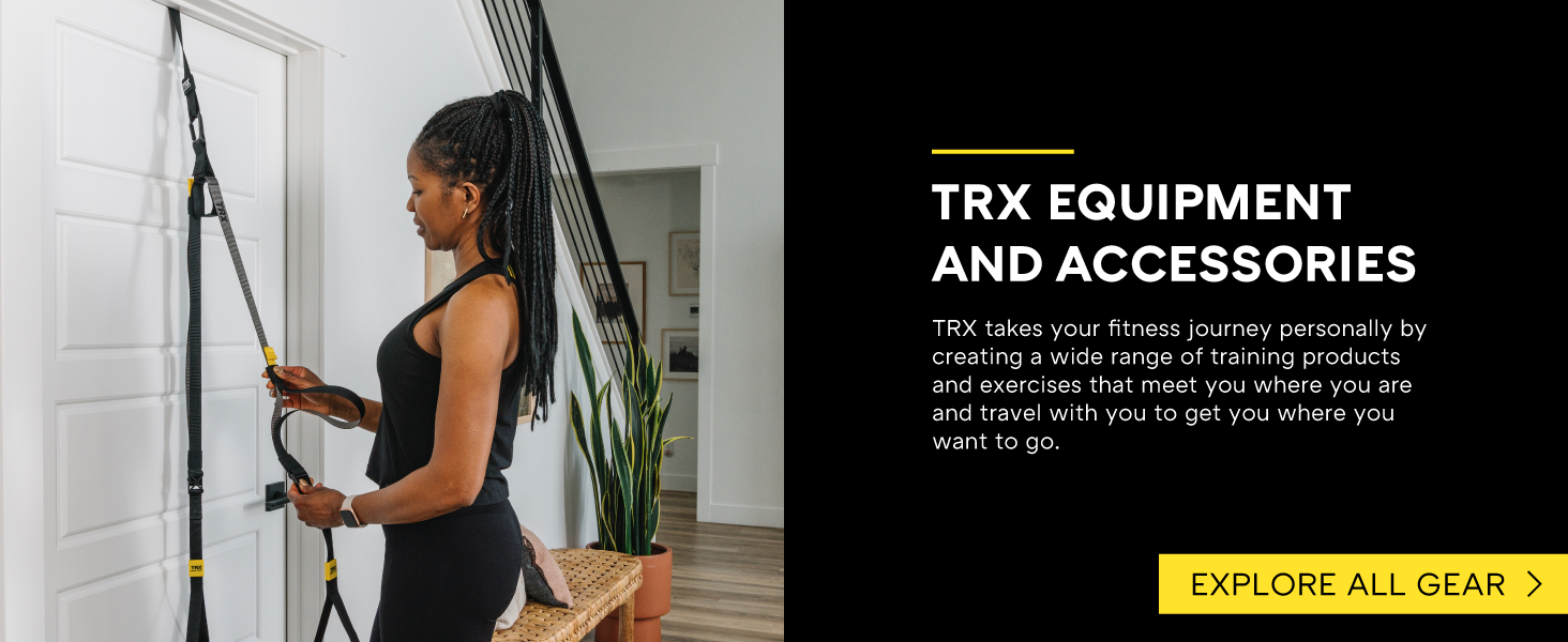 A person using a door anchor to set up their Suspension Trainer. Text reads: Explore accessories.