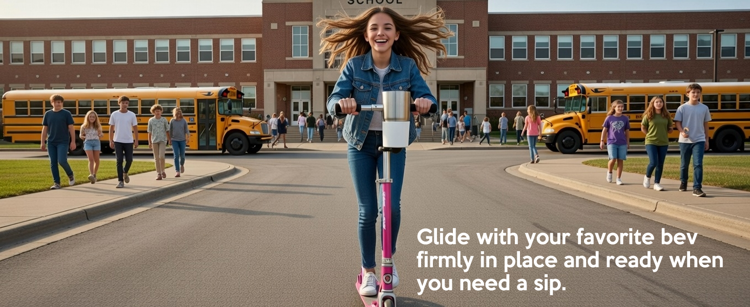 person gliding happily on a scooter with accessories carrying their bev