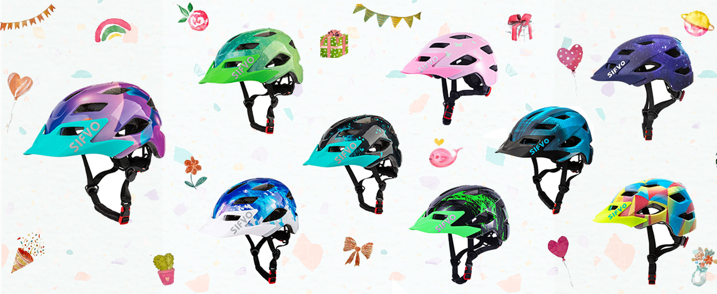 a collection of colorful helmets