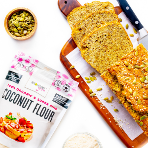 Organic coconut flour (gluten free flour) for baking, next to coconut flour bread