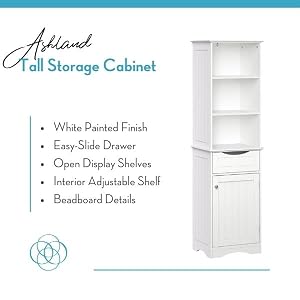 White Ashland tall storage cabinet with drawer, open display shelves &amp; adjustable shelves