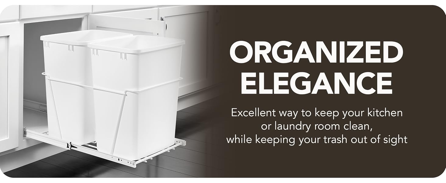 Dual waste containers being pulled out in the cabinet. Text reads: Organized Elegance