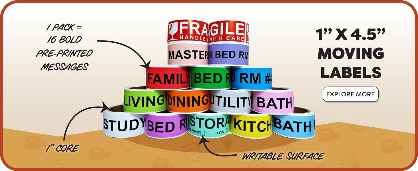 Sixteen rolls of brightly colored moving labels with pre-printed messages stacked in a pyramid.
