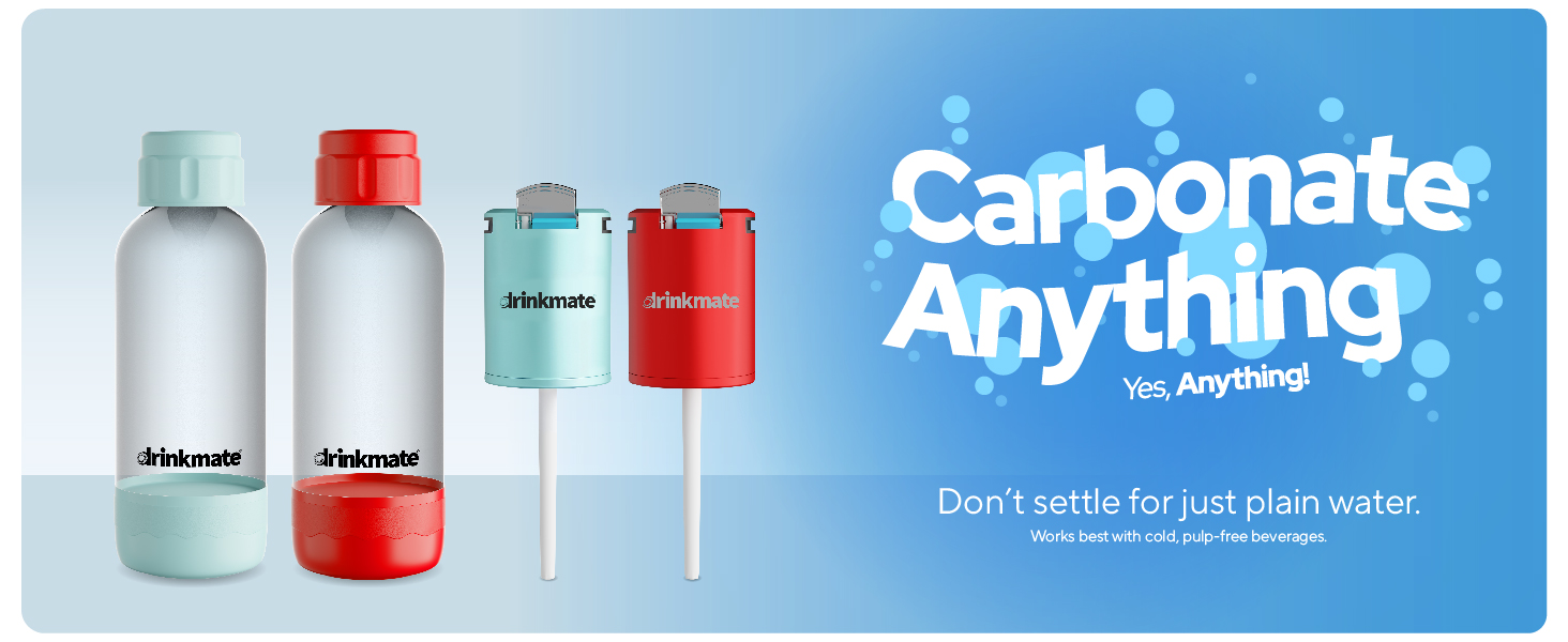 Image of two drinkmate bottles and straw lids with text reading carbonate anything.