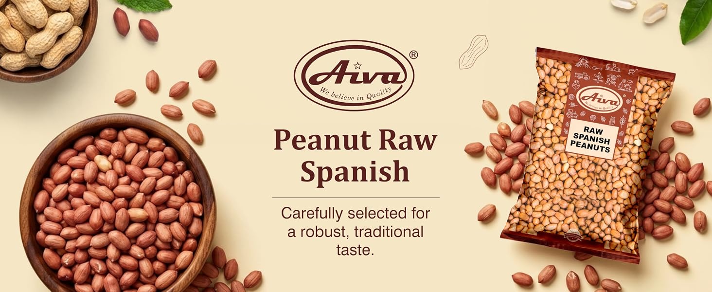 Aiva raw Spanish peanuts banner with product pouch and ingredient visuals.