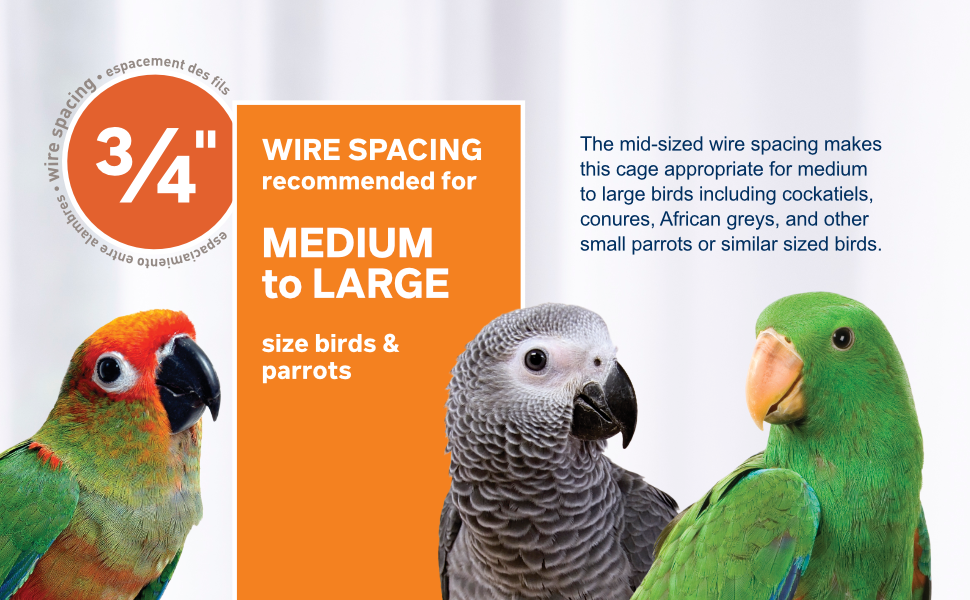 3/4 inch wire spacing, recommended for medium to large birds