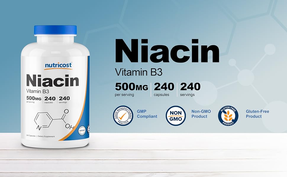 Nutricost Niacin Vitamin B3 500 MG 240 Capsules 240 Servings Non-GMO Gluten-Free