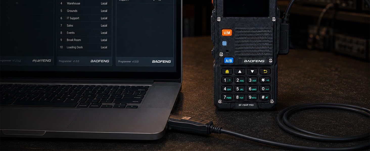 BF-F8HP PRO connected to a laptop with PC03 cable for faster channel and zone programming.