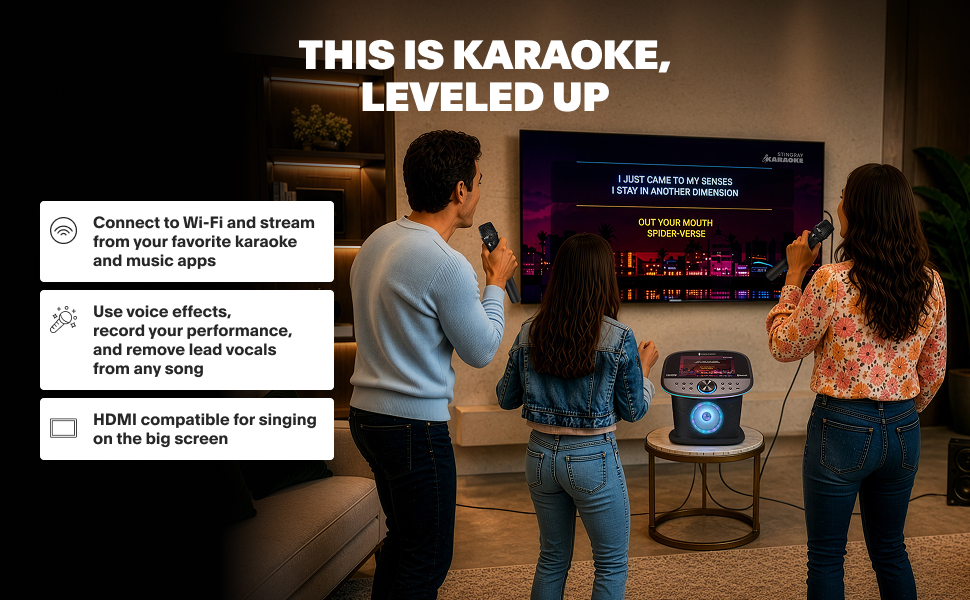 people singing karaoke with machine in front of tv