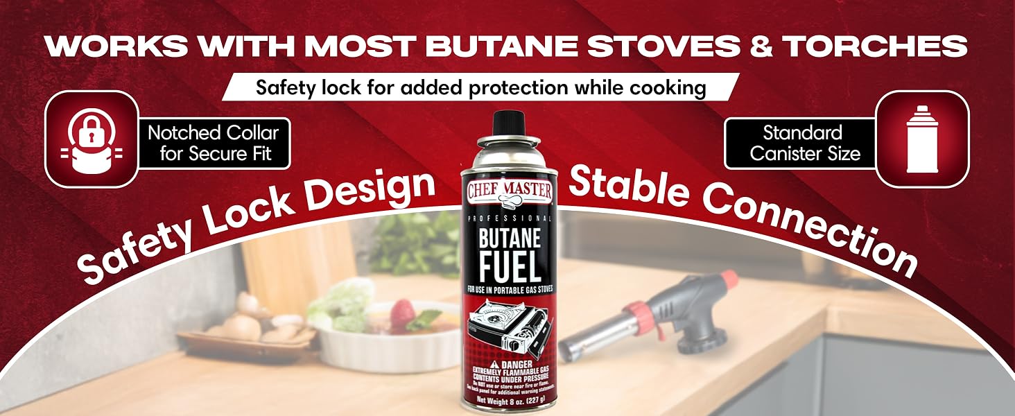 8oz. Butane Fuel Canister by Chef Master, Tin Fuel Refill for Kitchen Torch, Portable Camp Stove