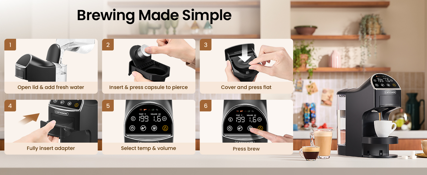 Step-by-step guide showing how easily the Magician2 Mini coffee machine brews a fresh capsule cup.