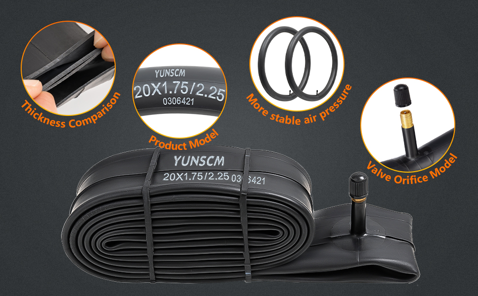 Bicycle inner tube with specifications 20x1.75/2.25, featuring close-up details of valve, seams, and material construction.