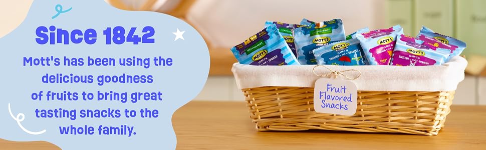 Mott&amp;#39;s pouches in a basket with the words since 1842 Mott&amp;#39;s has been using the goodness of fruits