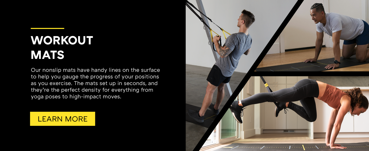 Three people exercising and stretching on workout mats. Text reads: Workout mats.