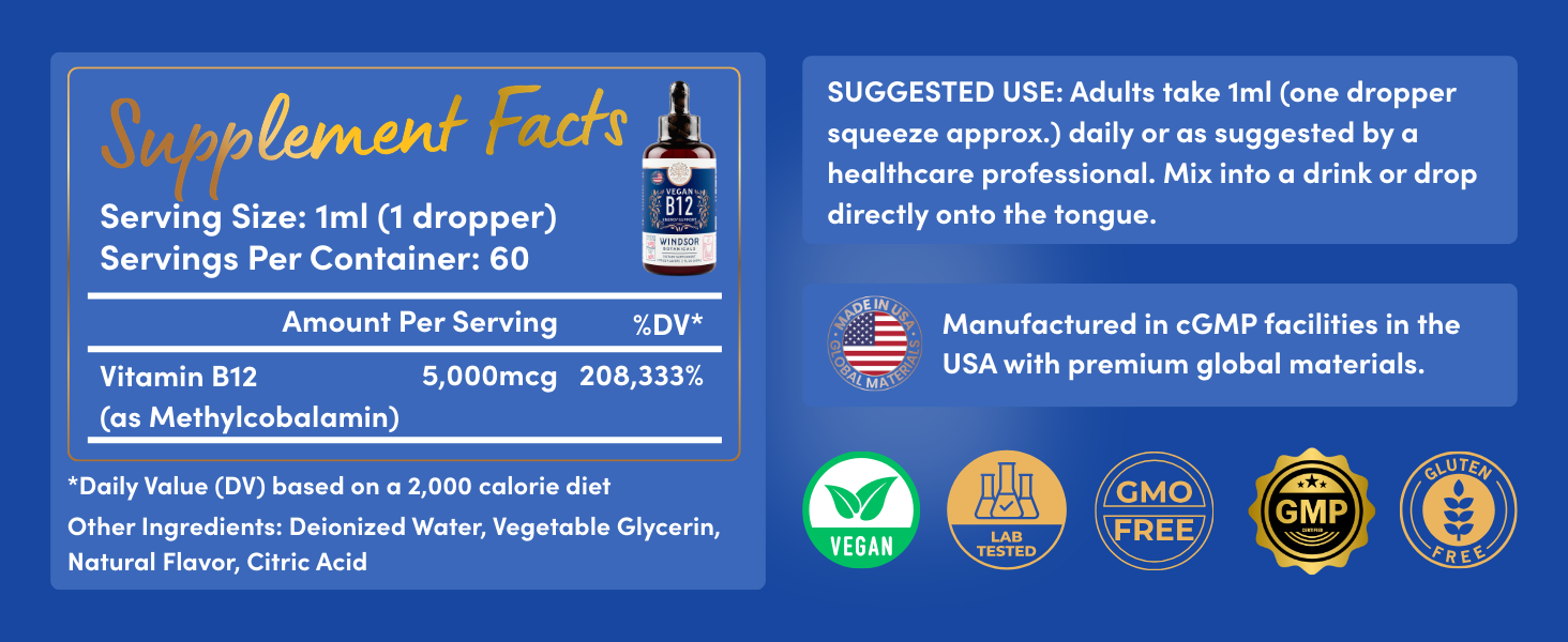Windsor Botanicals Vegan Vitamin B12 Liquid - Max Strength Methylcobalamin B12 Sublingual 5000 mcg
