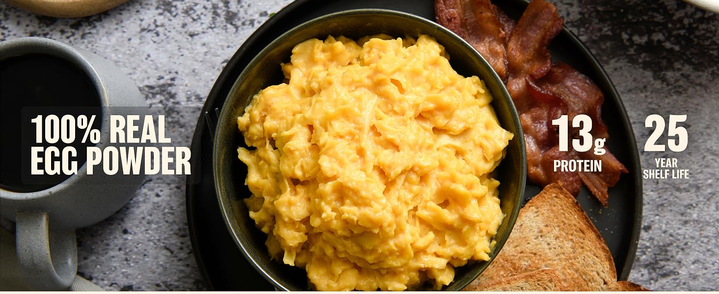 100% Real Egg Powder. 13 grams of protein. 25 Year Shelf Life.
