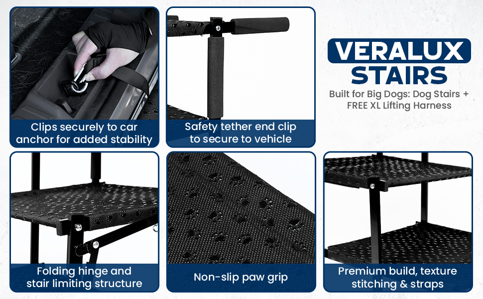 Veralux metal dog stairs with safety clip, strong frame, and non-slip paw grip.