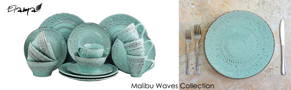 turquoise blue emboss tropical stoneware dinnerware dish set setting for 4 microwave dishwasher safe