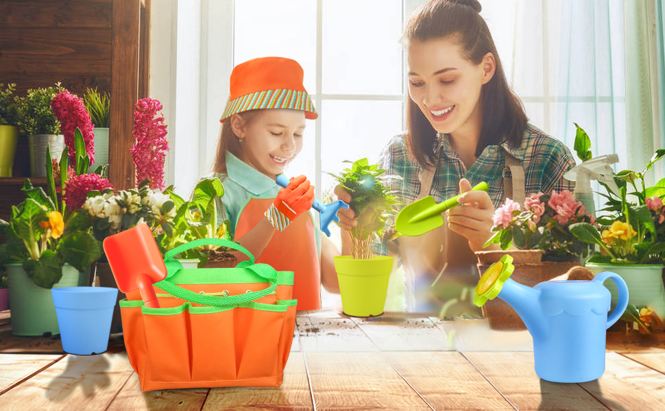 Kids gardening tools set with children's apron,bucket, tools, gloves,planter and watering can