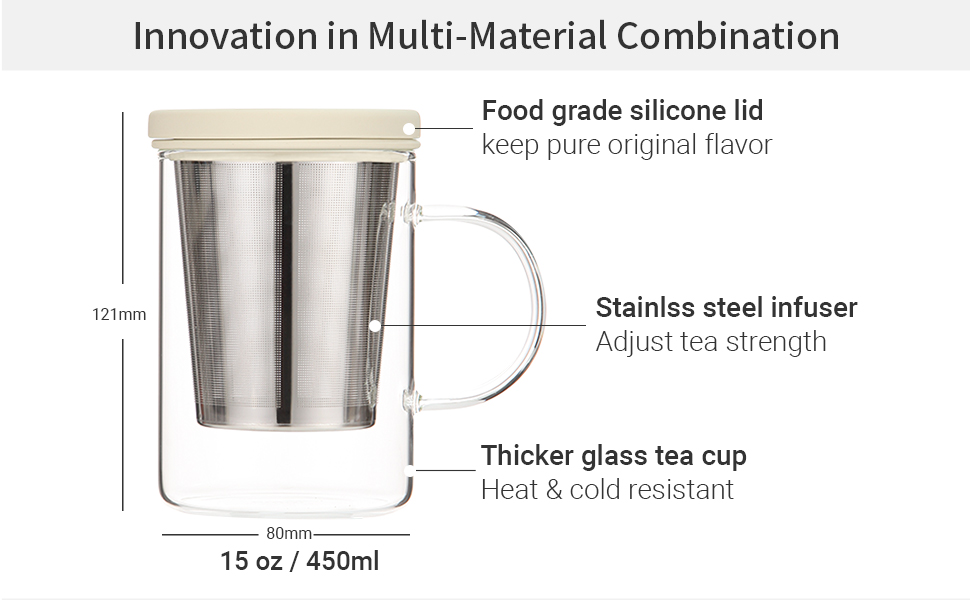 Emoi 15 oz Glass Tea Cup with Infuser &amp;amp; Lid, Ideal for Loose Leaf Tea, Gray