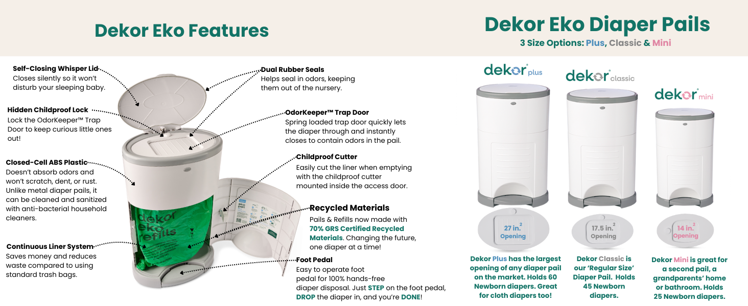 dekor eko diaper pail features and sizes