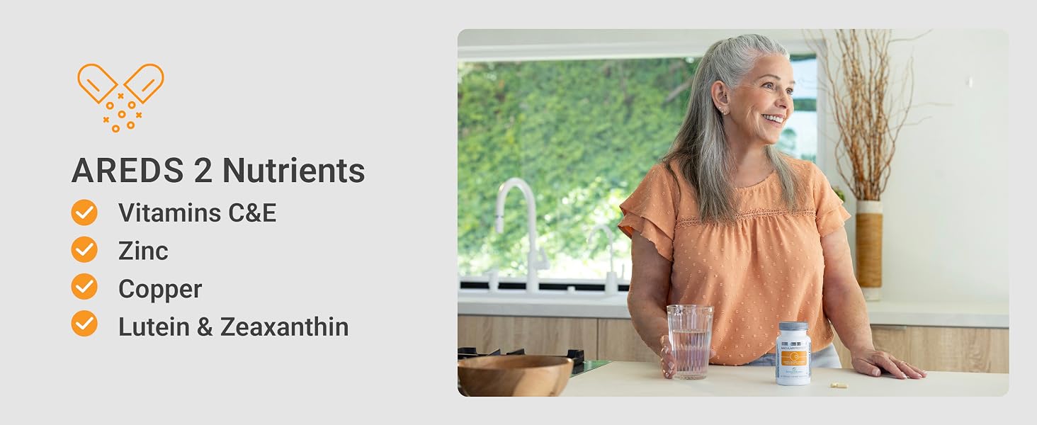 AREDS 2 nutrients: Vitamins C, E, Zinc, Copper, Lutein, and Zeaxanthin in MacularProtect capsules.