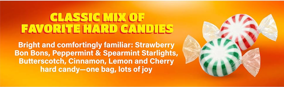 classic mix of favorite hard candies bright and comforting strawberry bon bons and starlight mints