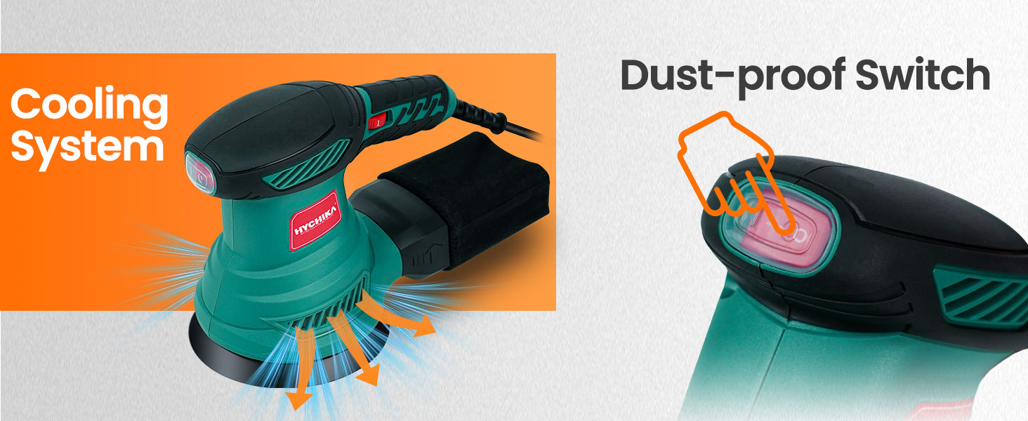 Text reads 'Cooling System', 'Dust proof switch'. Product features demonstration with teal-colored device components and technical specifications.