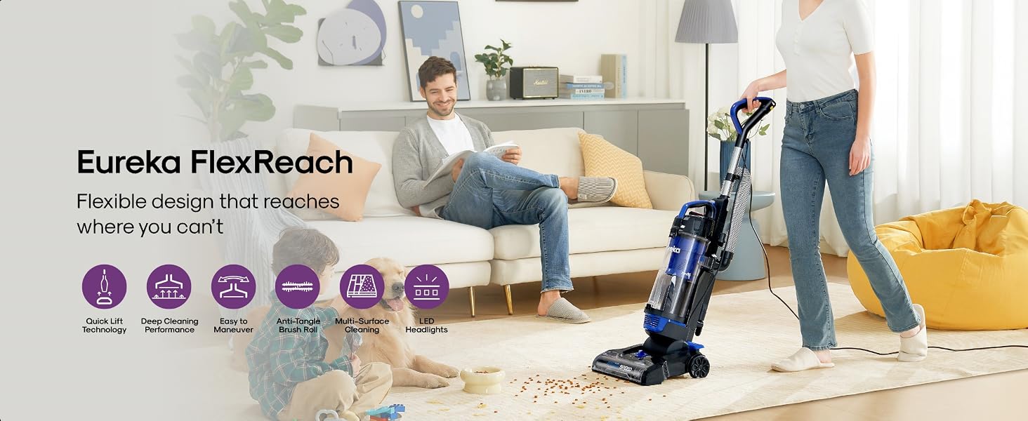 Mom, Dad, kids, and the dog are all in the living room. Mom is using a Eureka vacuum.