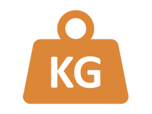 Orange icon of a weight with 'KG' text, symbolizing kilogram measurement or weight-related concept.