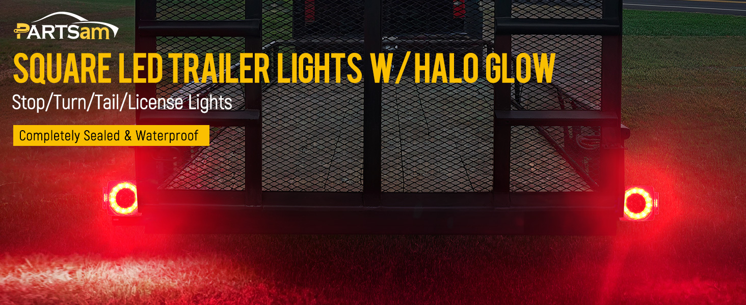Partsam Led Submersible Square Trailer Tail Lights Kit Halo Glow with Wiring Harness, Waterproof 12V
