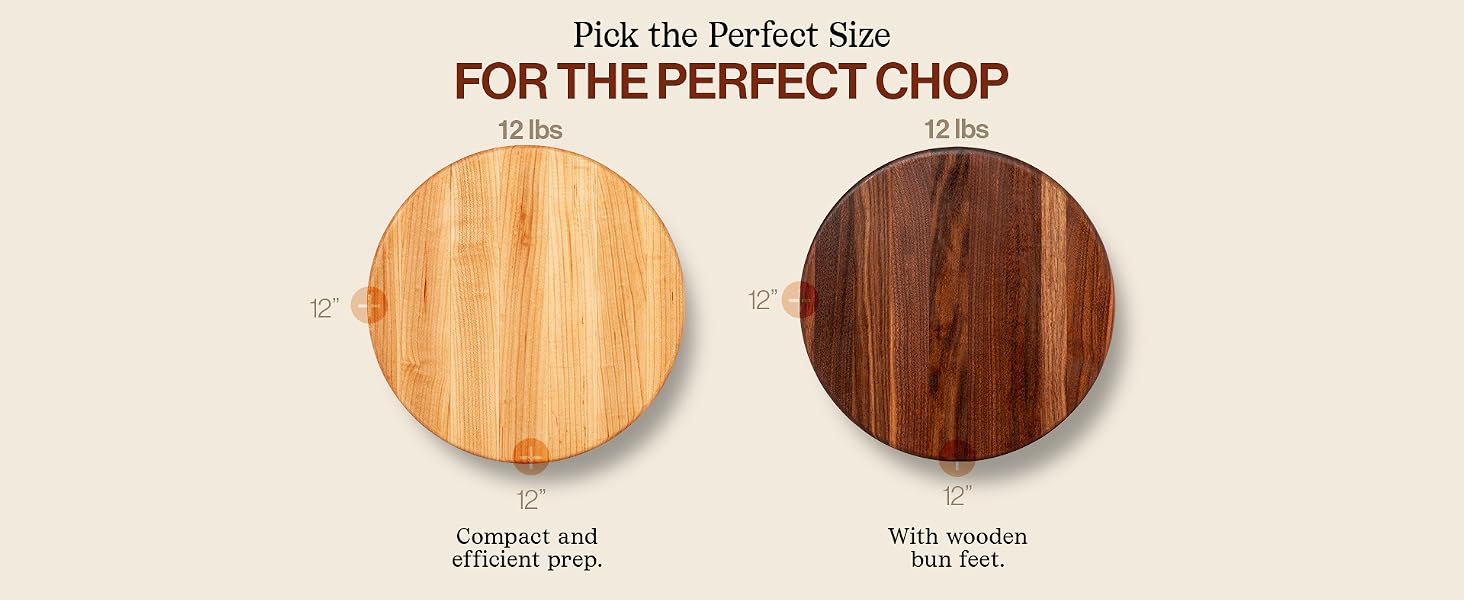 A wood chopping board with specifications. Text reads: Pick the perfect for the perfect chop.