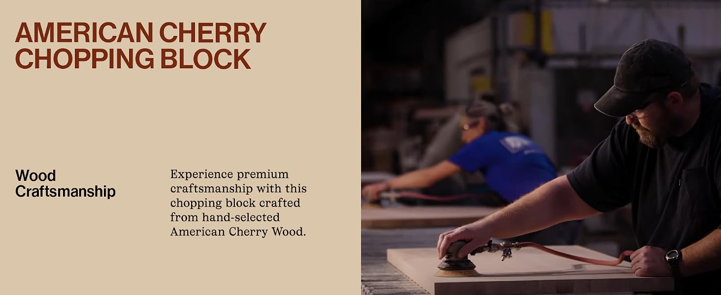 A person using a sander. Text reads: American Cherry Chopping Block.