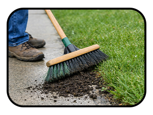 someone sweeping worm castings off of a sidewalk and into the grass